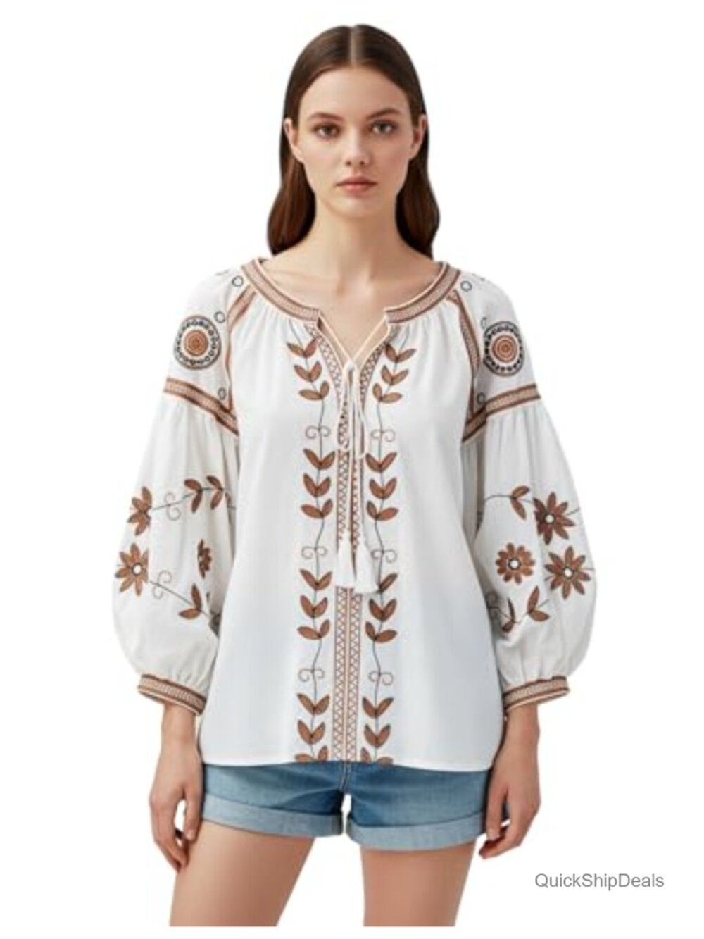 Womens Embroidered Peasant Blouse Long Lantern Sleeve V Neck Boho Tunic